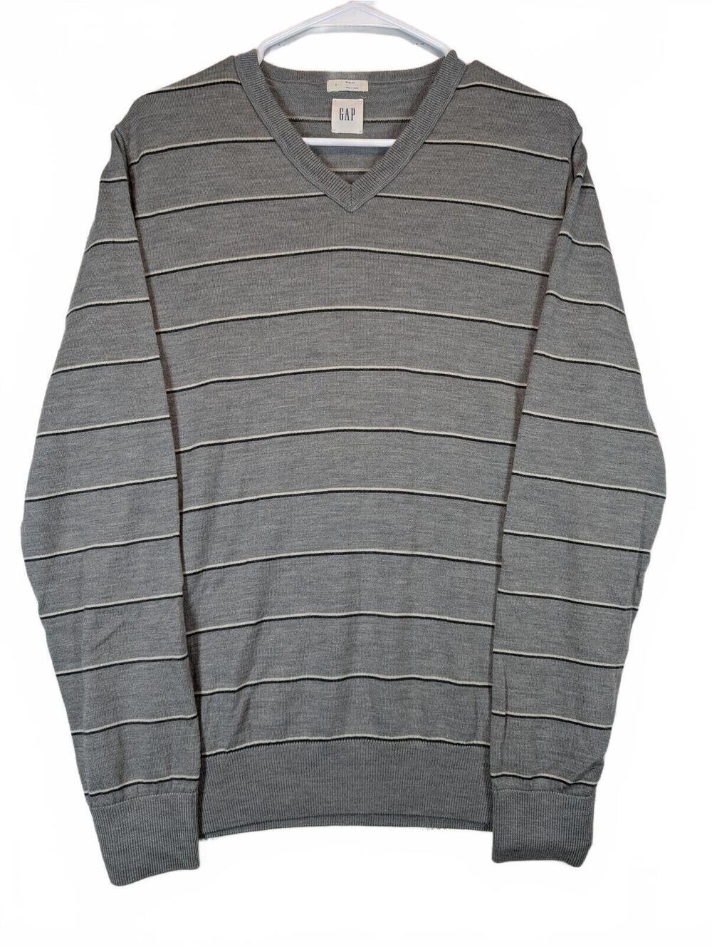 Gap Slim Fit Striped V Neck Knit Sweater Gray Pullover Mens Large
